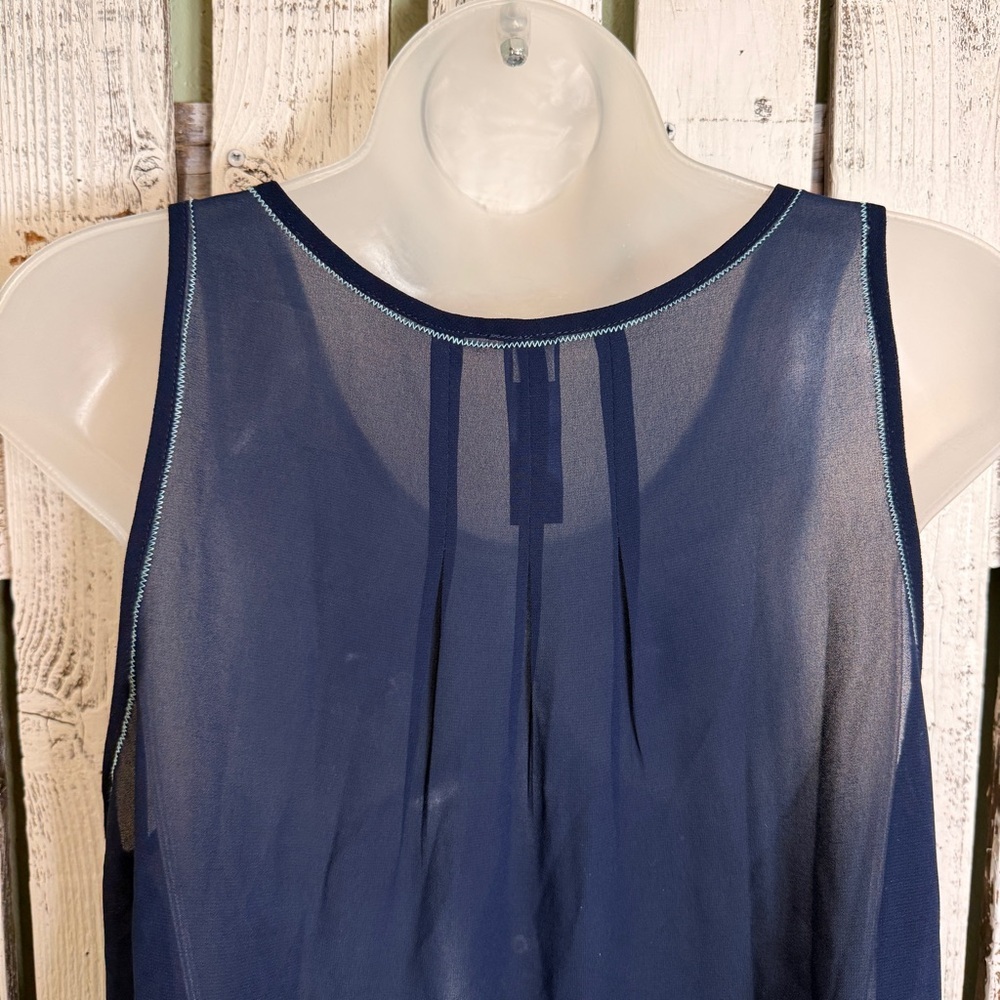 Blue‎ Rain Sheer Top Size Large Sleeveless Embroidered Chevron Navy Blue Teal - Picture 7 of 10